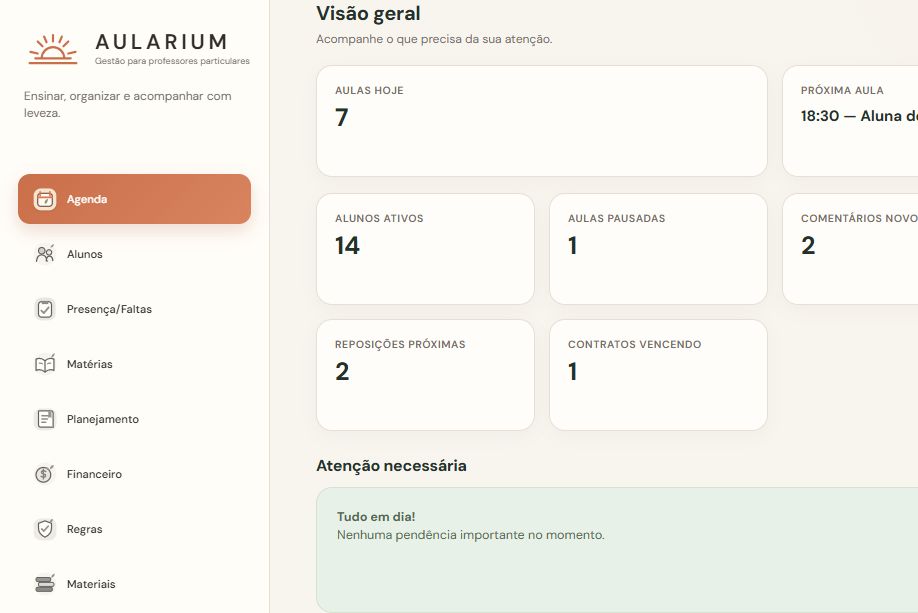 Visão geral real do painel do professor no Aularium