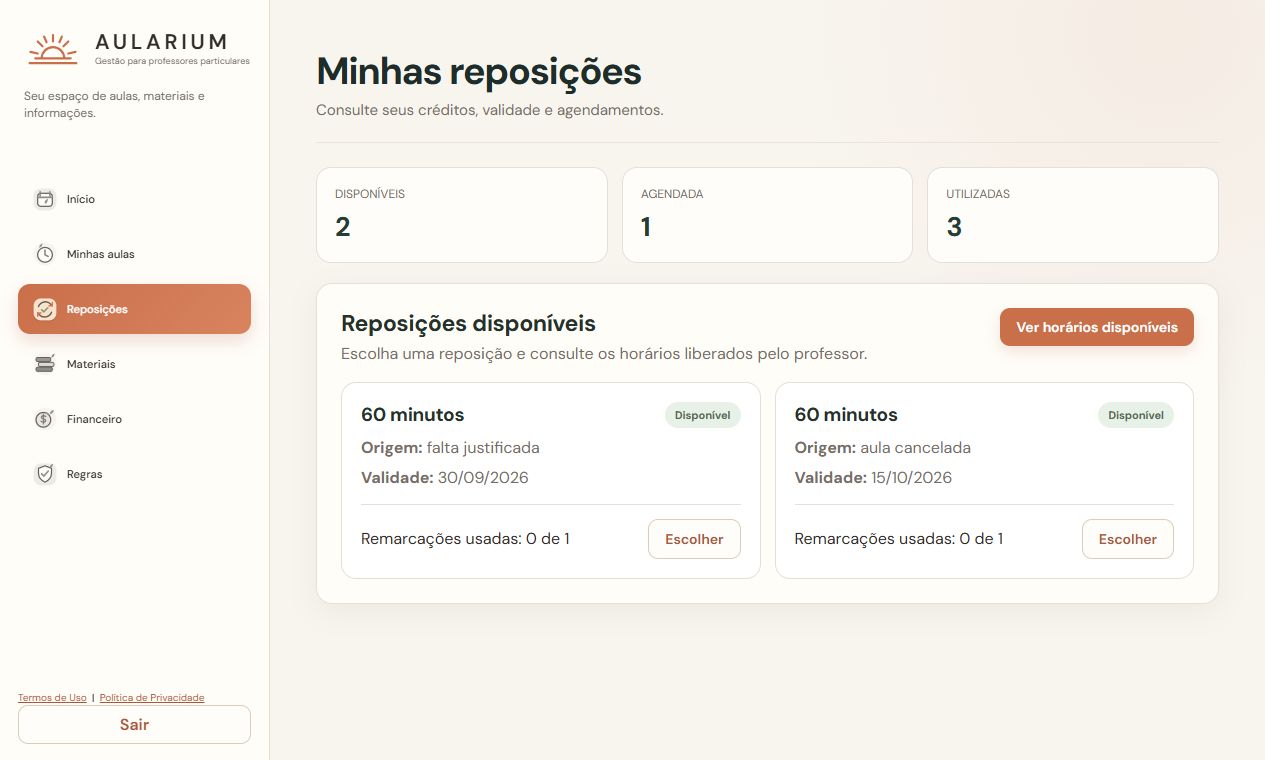 Tela real de reposições do aluno no Aularium